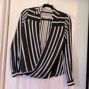 Black/white striped,wrap, sheer blouse.